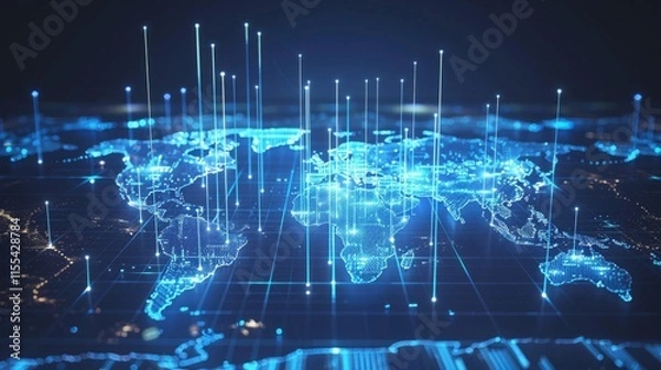 Fototapeta Digital world map with glowing blue grid and data points, showcasing futuristic technology and global connectivity concepts.