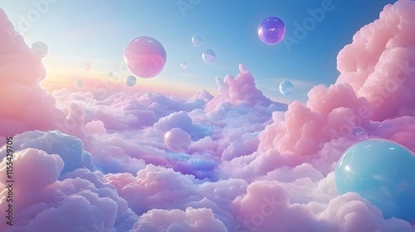 Fototapeta Colorful dreamy clouds in a cotton candy sky, vibrant pastel colors, soft fluffy formations, rainbow gradient atmosphere, ethereal cloudscape, turquoise and pink hues, surreal background.