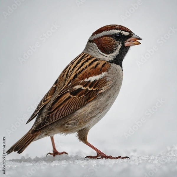 Fototapeta A vibrant depiction of a sparrow in motion on a stark white background.