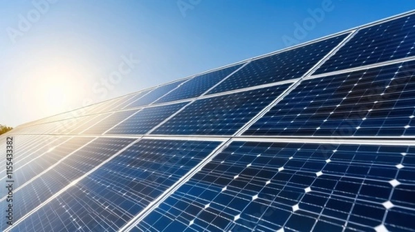 Fototapeta Solar Panels Angled Towards Sunlight in Clear Sky