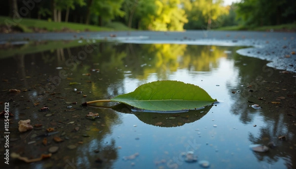 Fototapeta Leaf resting on a puddle reflecting green trees in the background, International Earth Day Theme