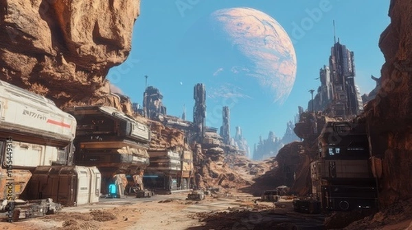 Fototapeta Futuristic Cityscape Nestled in a Canyon with a Giant Planet in the Sky