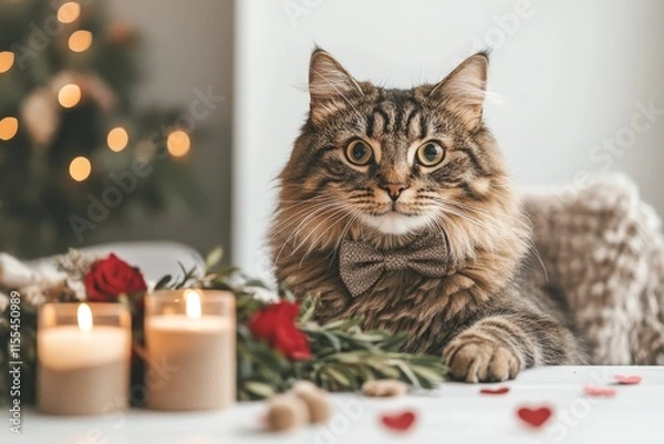 Obraz A stylish cat with a bow tie poses among candles and roses, creating a cozy, festive atmosphere with a warm, inviting background.
