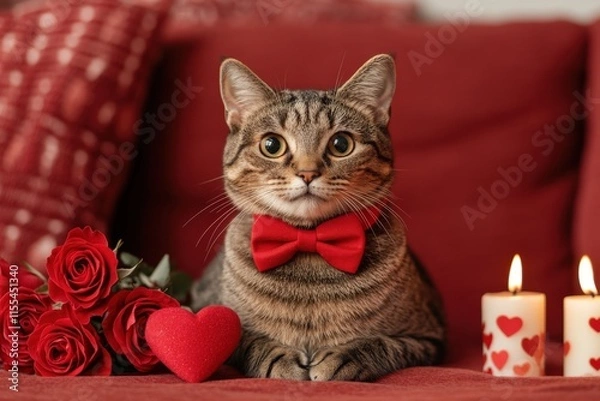 Obraz A charming cat with a red bow tie sits amidst roses and candles, exuding a romantic vibe perfect for Valentine's Day.