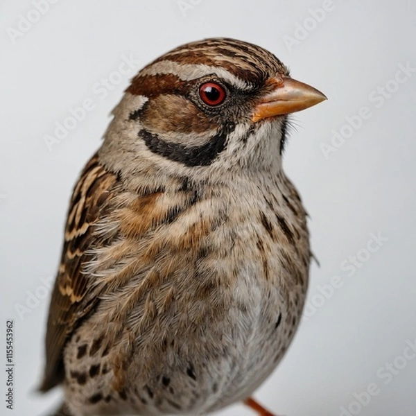 Fototapeta A sparrow with bright eyes staring directly at the viewer on a white background.