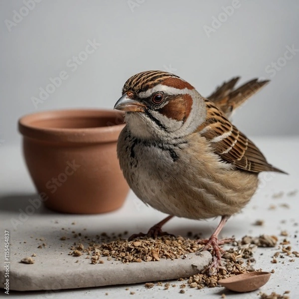 Fototapeta A sparrow sitting near a small clay pot against a white background.