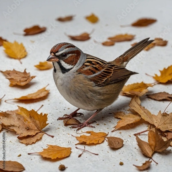 Fototapeta A sparrow surrounded by scattered autumn leaves on a white background.
