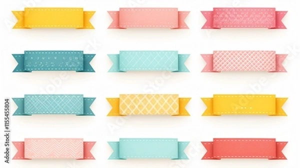 Fototapeta Professional Realistic Blank Fabric Labels Badges with Stitching for Designers