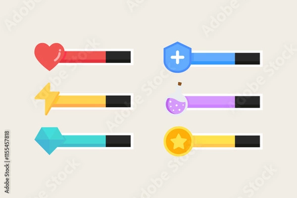 Obraz Video game bar template set. Heart, energy, diamond, shield, potion, coin half level indicator. Gaming, interface, menu concepts. Flat decorative vector design isolated illustration.