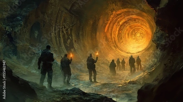 Fototapeta A group of adventurers with torches approach a glowing portal in a cave.
