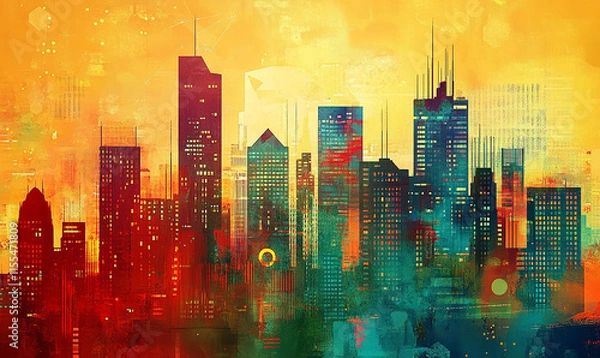 Fototapeta City modern technology background, skyline building architecture modern concept design background 