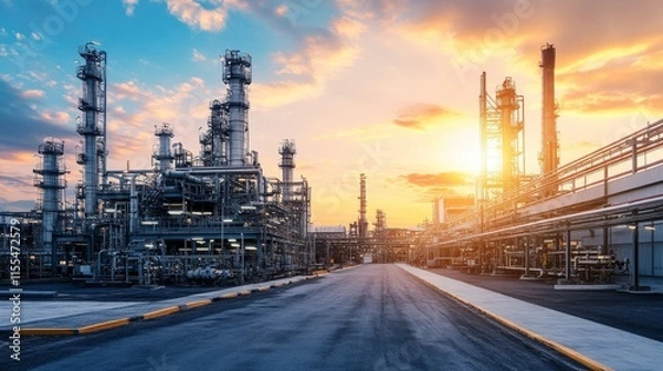 Obraz Industrial landscape at sunset with refinery structures and a clear road.
