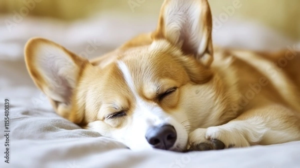 Fototapeta Peaceful Corgi Puppy Sleeping Comfortably on Bed in Soft Afternoon Light : Generative AI