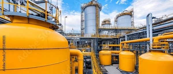 Obraz Industrial facility with large yellow tanks and pipelines under a blue sky.