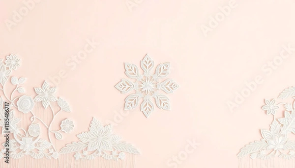 Fototapeta Delicate Pink Background with White Lace Snowflake and Floral Corner Designs