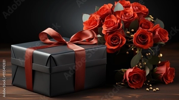 Fototapeta Two black gift boxes with red ribbons with a flowers.