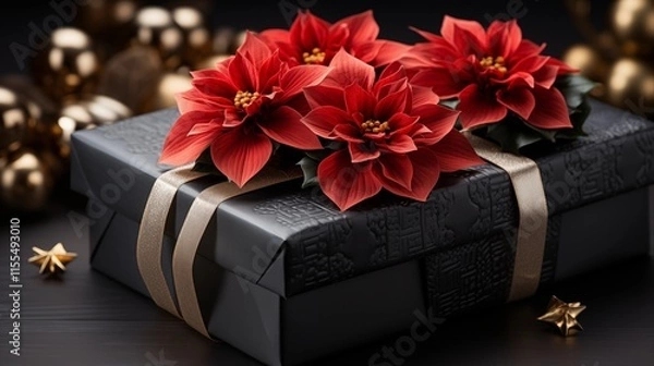 Fototapeta Two black gift boxes with red ribbons and poinsettia flowers.