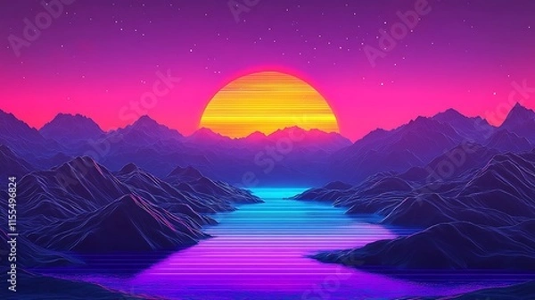 Fototapeta Vintage gradient background with radial shifts and pulsating glow in synthwave 80s sci-fi style