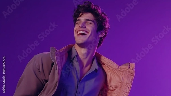 Fototapeta A Man Confidently Laughing Taking Off His Jacket Against a Dynamic Purple Background