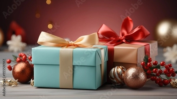 Fototapeta Two multicolor gift boxes with red ribbon with flowers and simple solid color background.