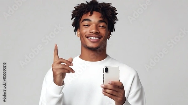 Fototapeta Young Man with Smartphone Smiling and Gesturing to Join Him Engaging Scene on Light Gray Background