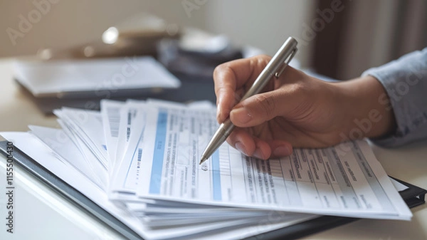Fototapeta Medical bills paperwork scattered on a desk, symbolizing the financial burden and administrative challenges faced by patients and healthcare providers in managing medical expenses.