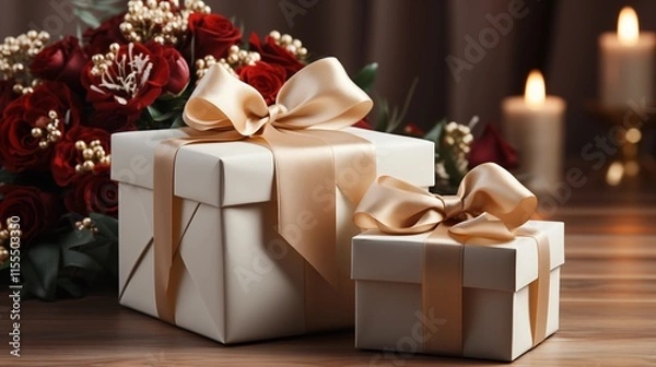Fototapeta Two white gift boxes with red ribbons and poinsettia flowers.