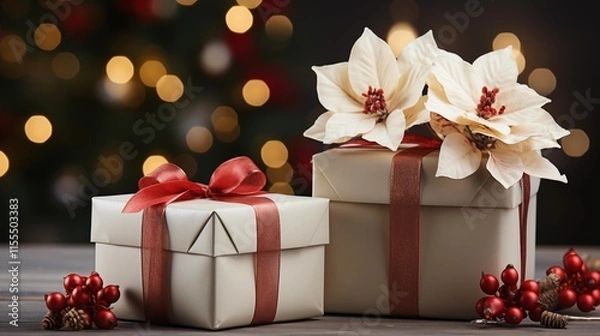 Fototapeta Two white gift boxes with red ribbons and poinsettia flowers.