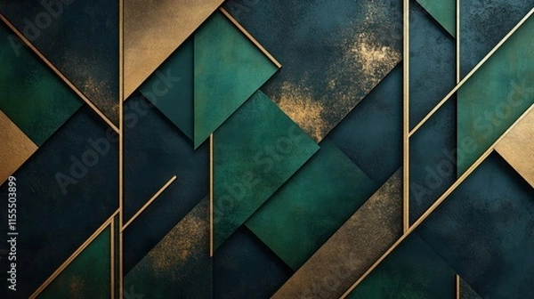 Fototapeta Abstract geometric background with green and gold metallic textures.