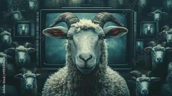 Fototapeta Sheep_with_TV_screens_brain_addicted_to_socia_