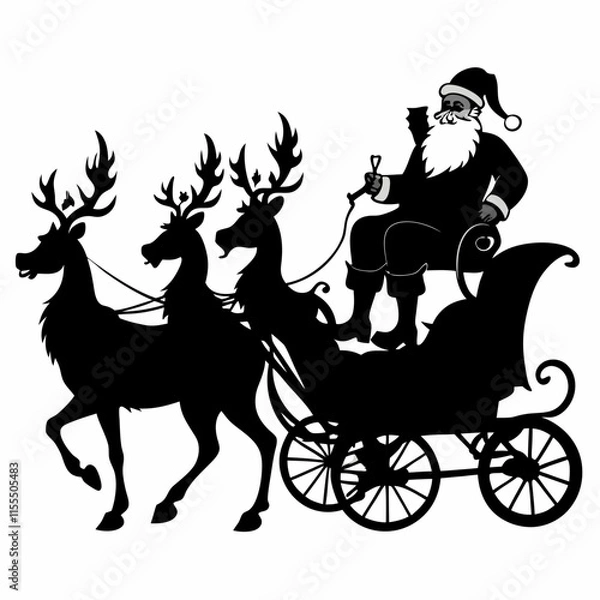 Fototapeta Santa Claus Riding In A Horse Drawn Carriage With Reindeers Black silhouette