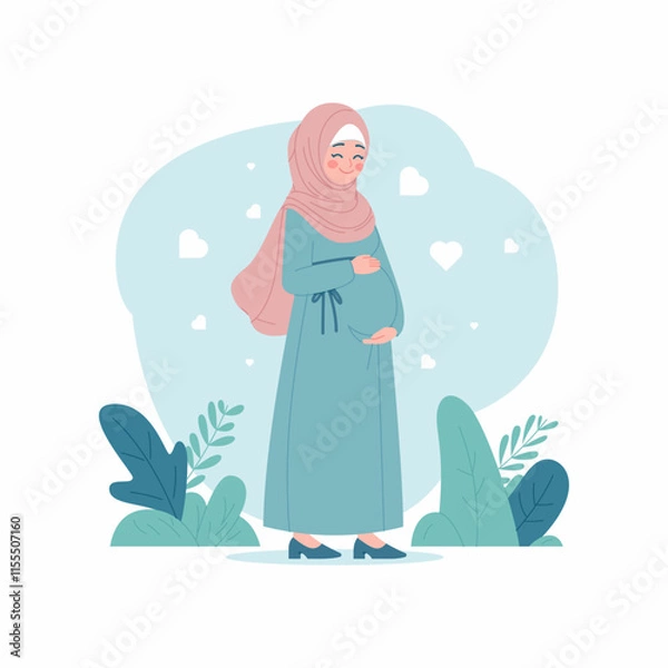 Fototapeta Peaceful Flat Illustration of a Pregnant Muslim Woman Wearing a Hijab Surrounded by Heart Motifs and Nature Elements