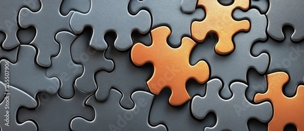 Obraz A collection of puzzle pieces, some in gray and one in copper, illustrating problem-solving.