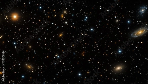 Fototapeta Deep space image showing numerous galaxies of varying sizes, shapes, and colors against a backdrop of countless stars.