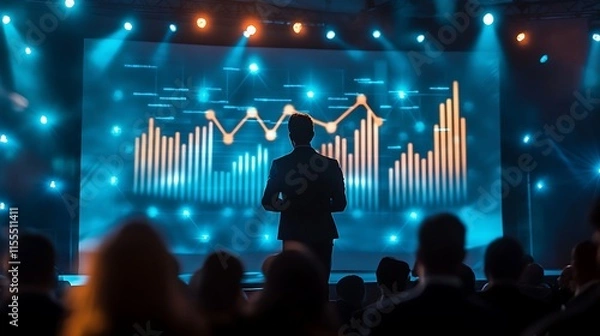Fototapeta Speaker presenting financial data on a large screen to an audience.