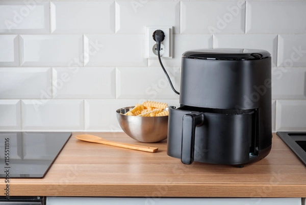 Fototapeta Trendy kitchen gadget air fryer machine cooking deep-fried potato. Lifestyle of new cooking, small countertop convection oven, deep fast frying oil free, more healthful way to cook deep-fried food