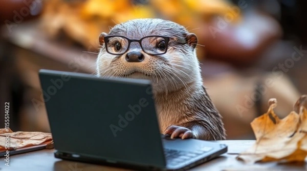 Fototapeta Frustrated otter working on laptop home office digital art cozy environment close-up overseeing tasks