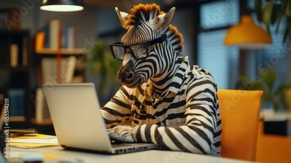 Fototapeta Frustrated zebra working on laptop home office digital indoor close-up concept of working