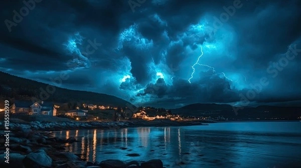 Obraz A stormy night with a bright lightning bolt in the sky