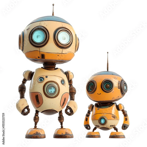 Fototapeta Vintage Robot Duo: A Whimsical 3D Render of Two Retro Robots