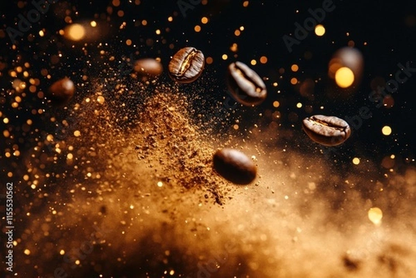 Fototapeta Dynamic coffee bean explosion coffee roastery photography dark background close-up view flavor and aroma concept