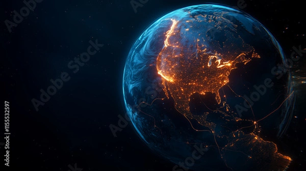 Fototapeta Visual representation of Earth at night showcasing urban light patterns in North America and beyond