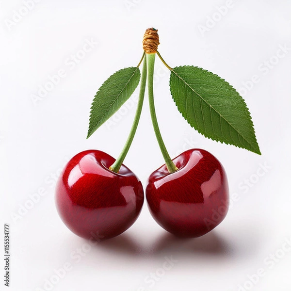 Fototapeta Cherry Pair with Stems- Two ripe cherries with attached green stems and a leaf on a white