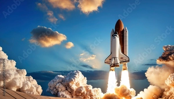 Obraz New space rocket lift off. Space shuttle with smoke and blast takes off into space on a background