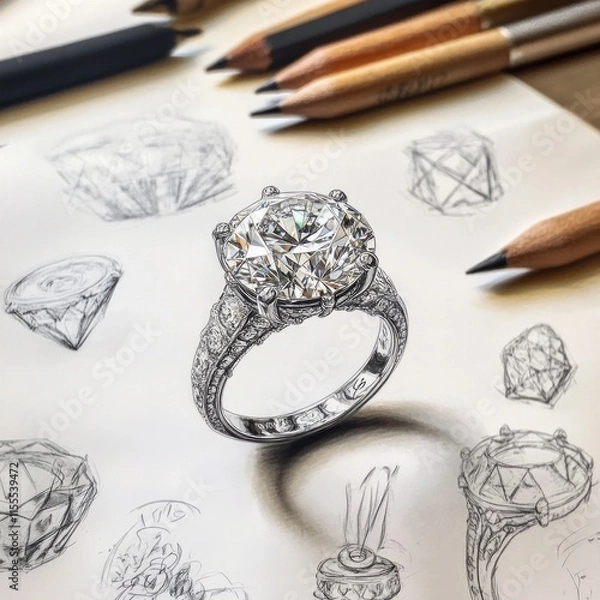 Fototapeta Intricate diamond ring design surrounded by detailed sketches and pencils