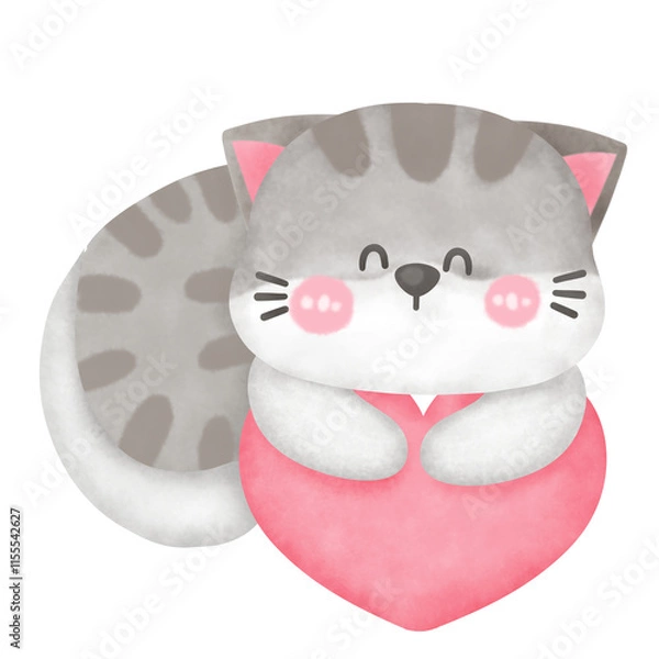 Obraz Cute Cat Holding a Heart Illustration