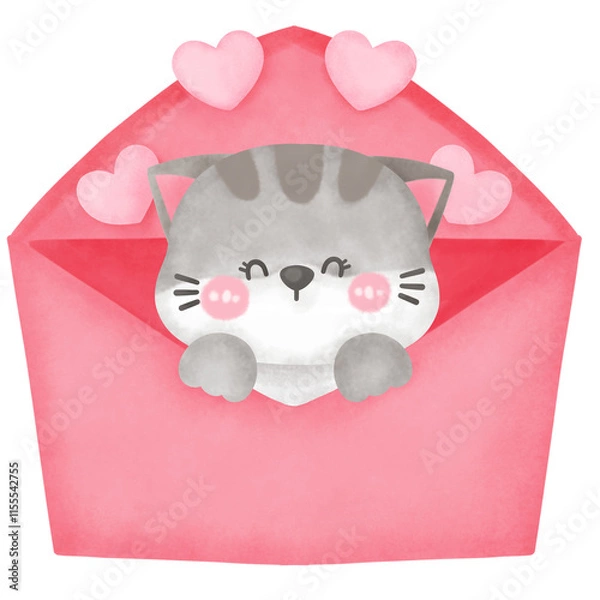 Obraz Cute Cat Peeking from Heart Envelope Illustration