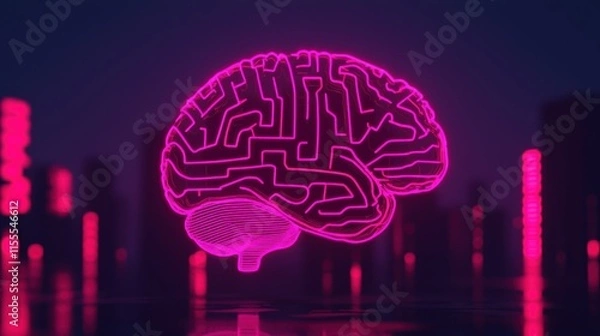 Fototapeta Neon brain illuminating futuristic cityscape: innovation and technology