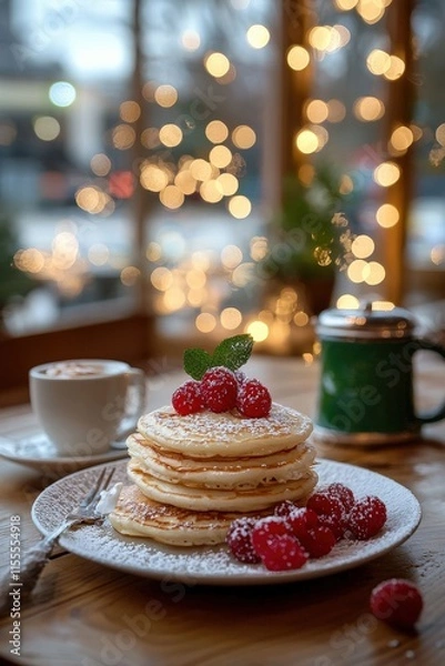 Fototapeta Soft and Thin Swedish Pancakes Stacked High with Fresh Raspberries and Powdered Sugar in a Cozy Cafe Setting with Beautiful Bokeh Background