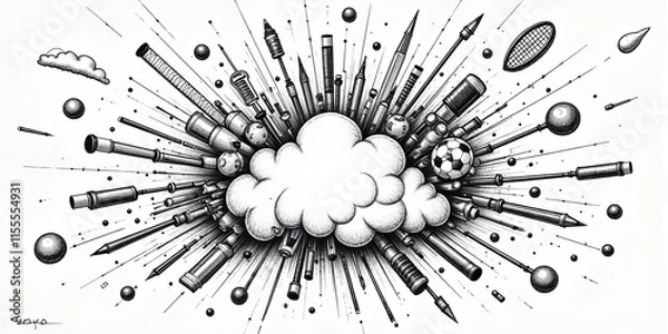 Fototapeta Abstract Ink Drawing: Exploding Sports Equipment Cloud
